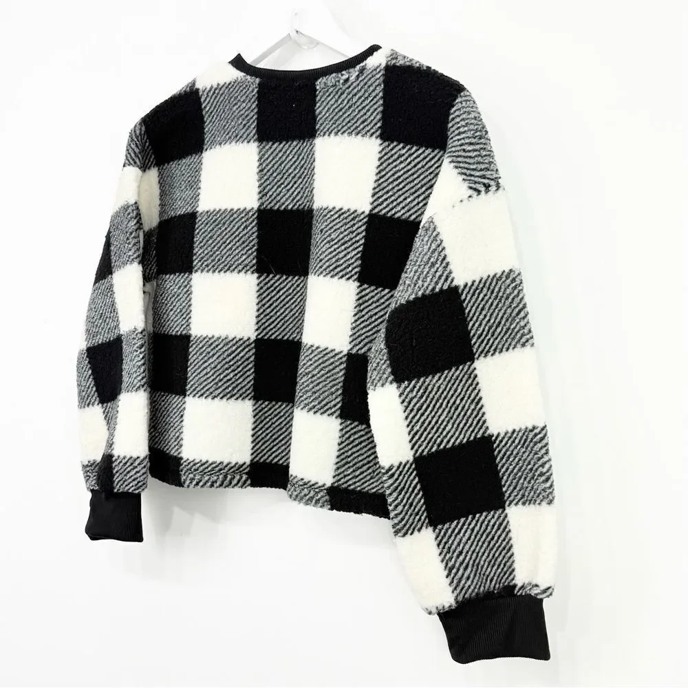 Old Navy Girls Black White Buffalo Plaid Cozy Pullover Sherpa Fleece NEW